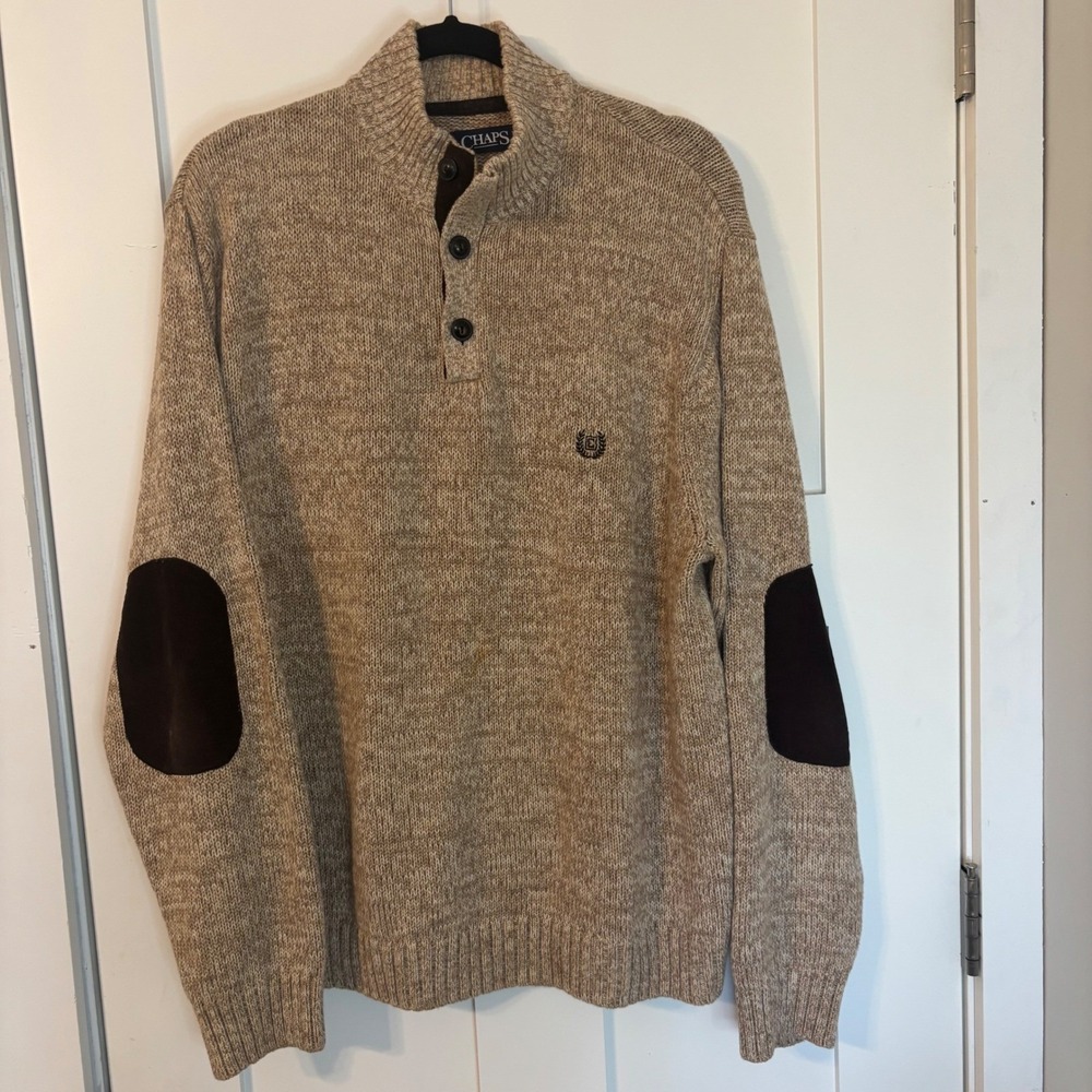 Chaps Mens XL Tan‎ Marl Cotton Sweater Elbow Patches Quarter Button Mock Neck